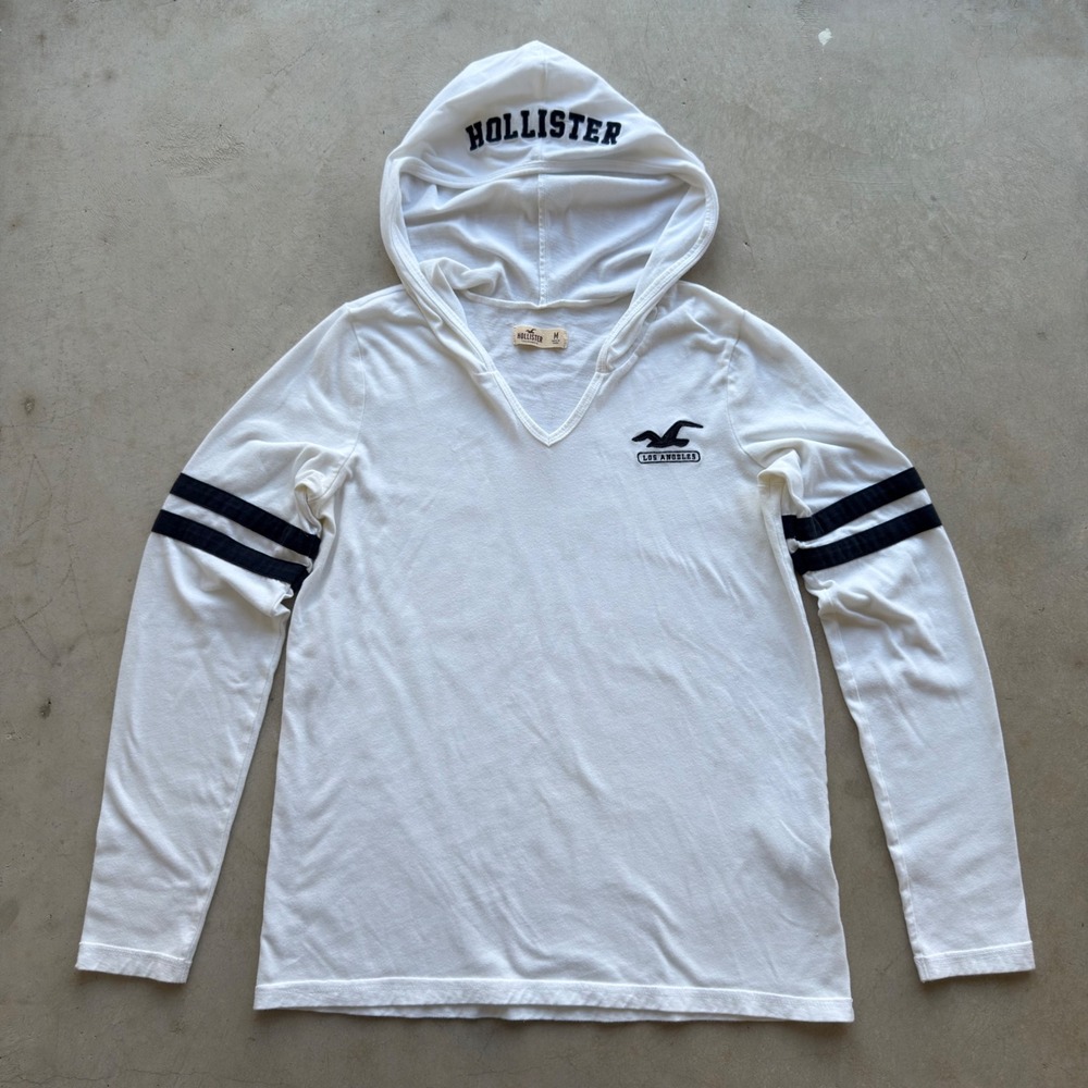 Hollister Womens Long Sleeve Hooded T-Shirt White Navy Blue V-Neck Stripe Medium